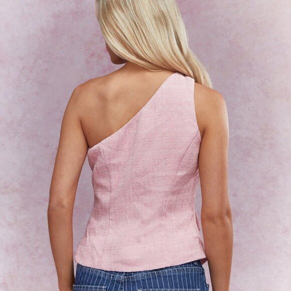 Pink Casual Women's Metal One Shoulder Detail Tweed Vest Top - Picture 2 of 4